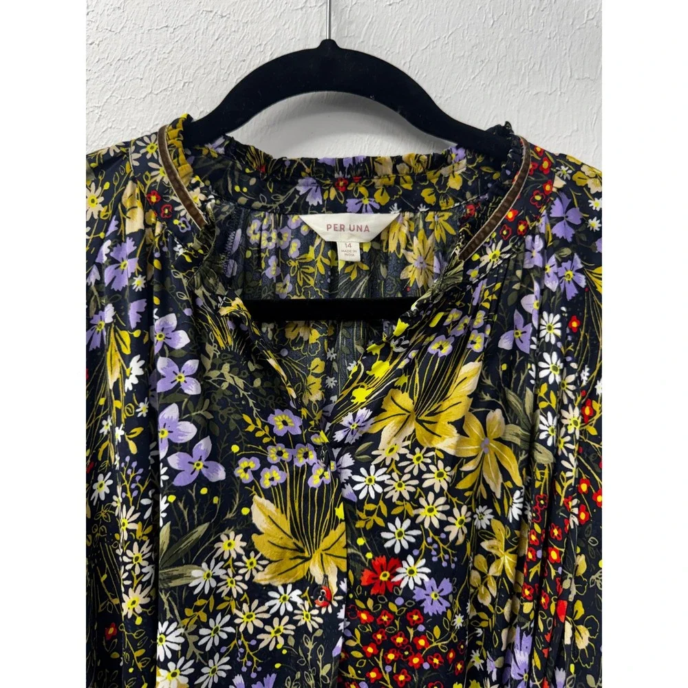 Per Una Navy Wild Garden Floral Shirt Dress Velvet Trim Belted Long Sleeve 10 - Picture 4 of 13